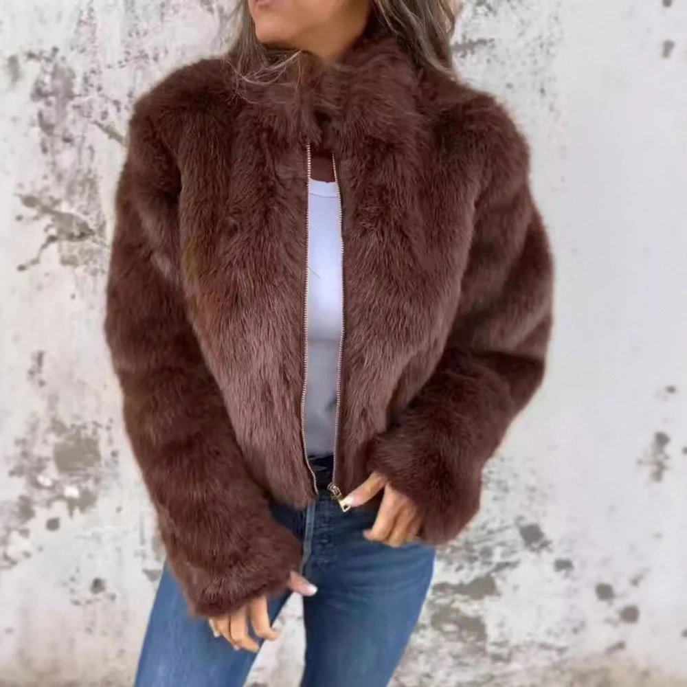 

Женское осенне-зимнее пальто, удобная однотонная повседневная верхняя одежда с длинным рукавом и искусственным воротником на молнии