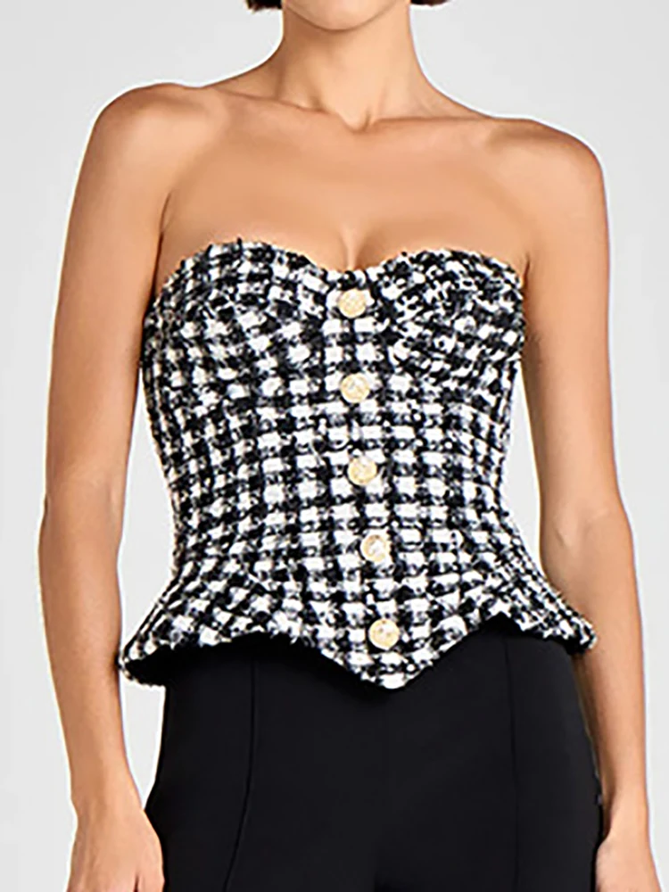 Strapless Button Patchwork Simple Blouses, Women Summer Sleeveless Fashion Chic Tops, 2025 Slim Backless Elegant Ladies Shirts - Image 3