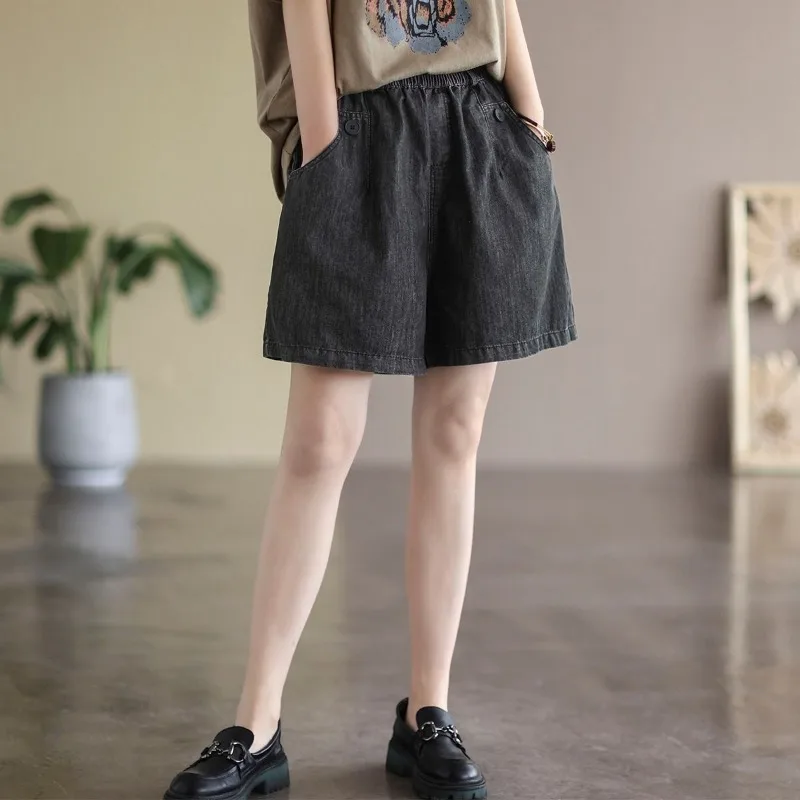 Women Summer Vintage Simplicity Solid Color High Waist Appear Thin Office Lady Wide Leg Ladies Fashion All-match Denim Shorts