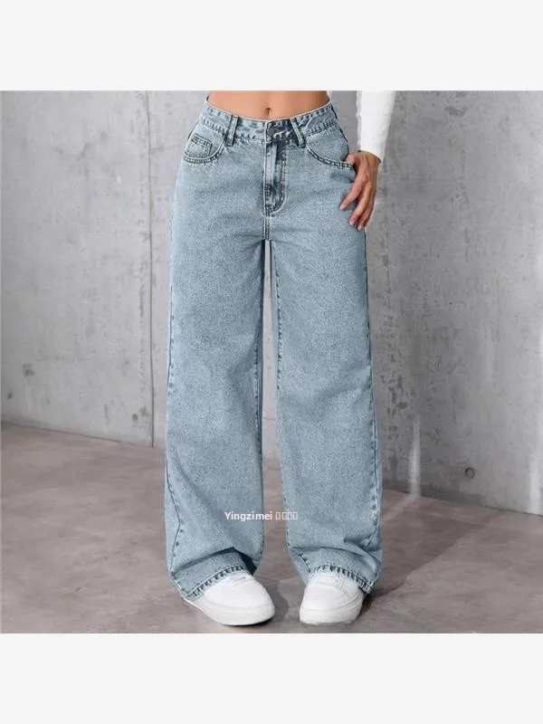 

Модные женские джинсы с высокой талией, прямые, повседневные, свободного кроя, длинные брюки, без бренда, средней эластичности, с высокой талией...