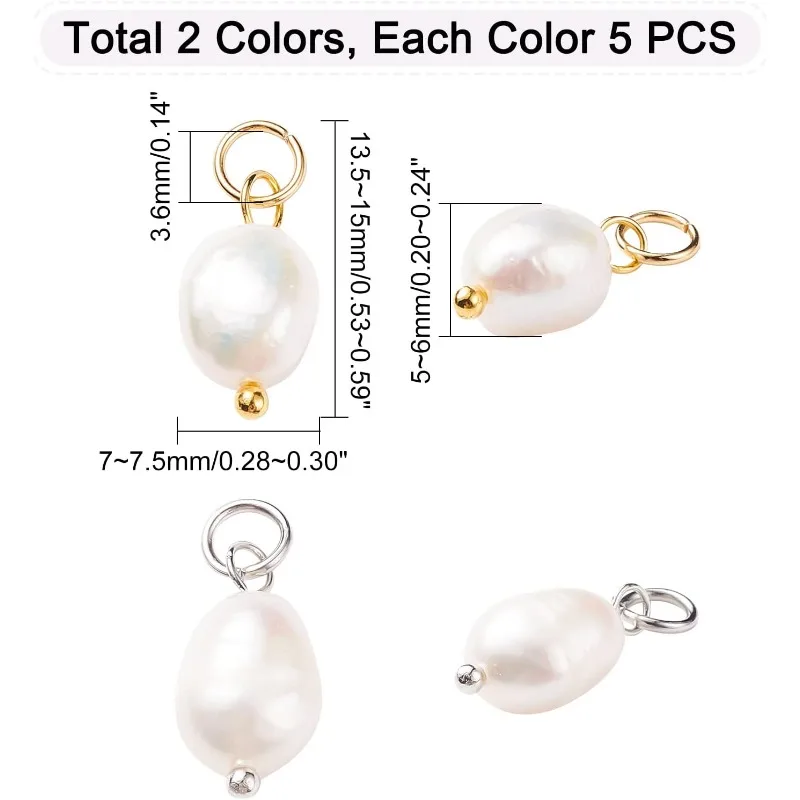 10pcs Pear Pendant Charms Freshwater Pearls Dangles White Pearl Beads Irregular Pear Charms with 3mm Metal Hoop for DIY