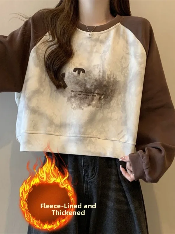 

Tie-Dye Contrast Color round Ne Sweatirt Women's Autumn Winter Thiened Fce Loose ort Sle Overhead irt Trendy