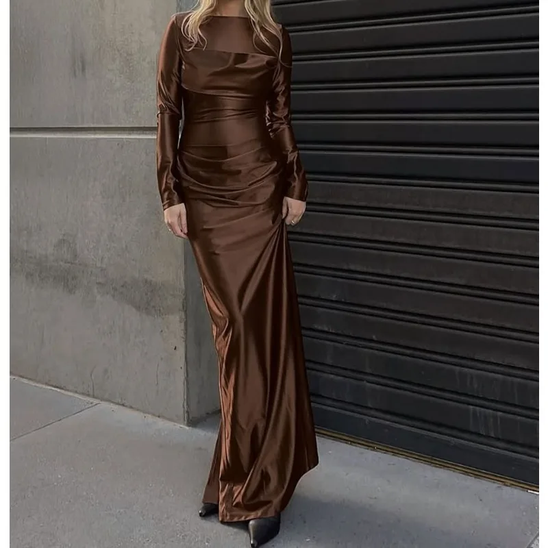 

Retro Old Time Royal Sister Simple Brown Long-sleeved Dress Feminine Temperament Slim and Elegant Long Dress