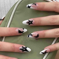 Short Almond Y2k Nails Press On Nail With Black Pentacle Star Designs 24pcs White French False Nails Rhinestone Fake Nail Tips