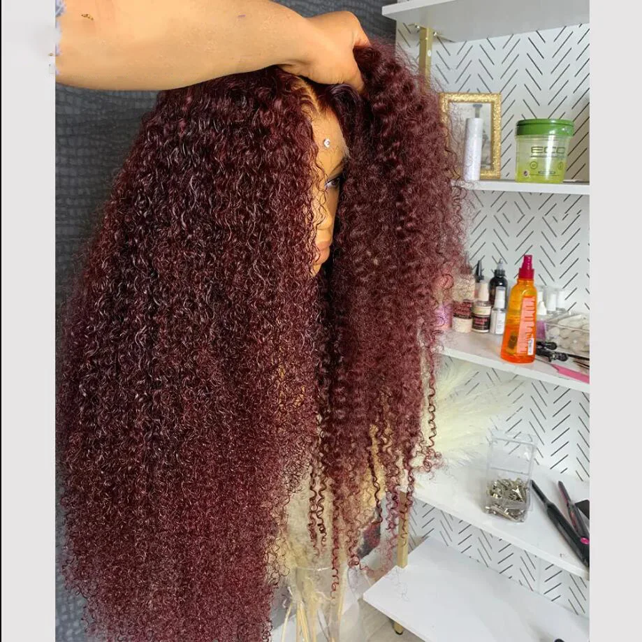 Peruca dianteira longa e encaracolada para mulheres negras, cabelo macio do bebê, pré-arrancado, sem cola, densidade de 180%, 26in, resistente ao calor, Borgonha