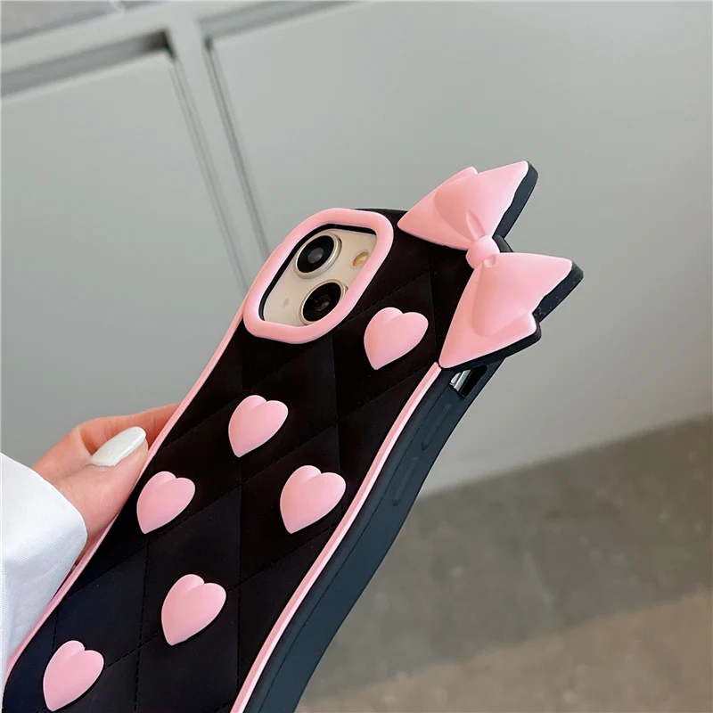 3D Cute Bowknot Heart Grid Soft Silicone Protective Phone Case for iPhone 11 12 13 14 15 Pro Max Lovely Girly Cover Shell