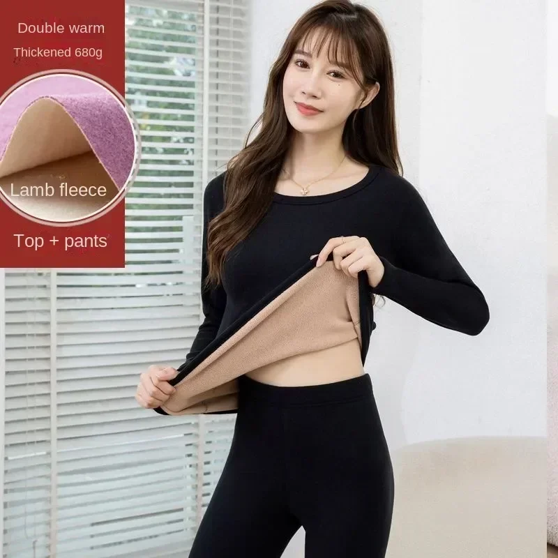 Thermal Underwear Women Suit  Thicken Lamb Fleece High Elastic High Waist Long Johns Bottoming Two Piece Sets Thermos Clothing