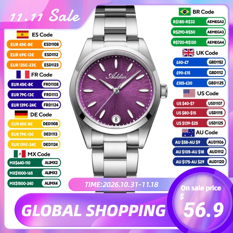 ADDIES 31mm Watches For Woman Stainless Steel Japan GM12 Quartz Wristwatch Sapphire Mirror BGW9 Luminous Waterproof Ladies Watch