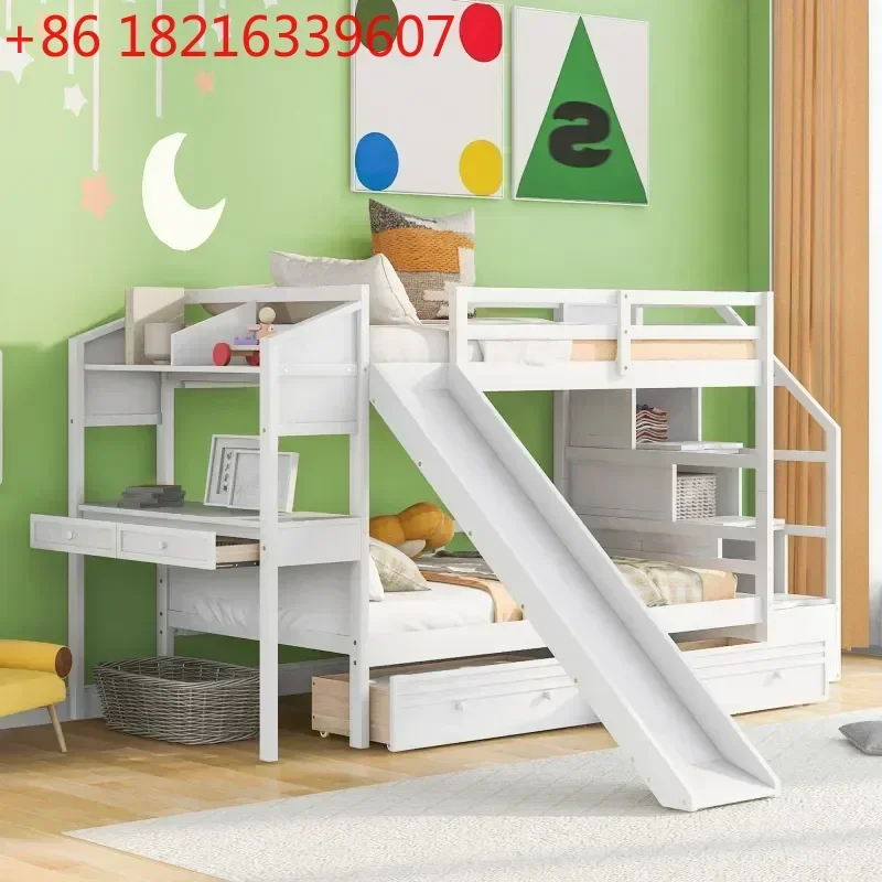 TAO Twin over Twin Bunk Bed w/ Storage Staircase,Slide and Drawers, Desk with Drawers and Shelves,for indoor bedroom furniture,W