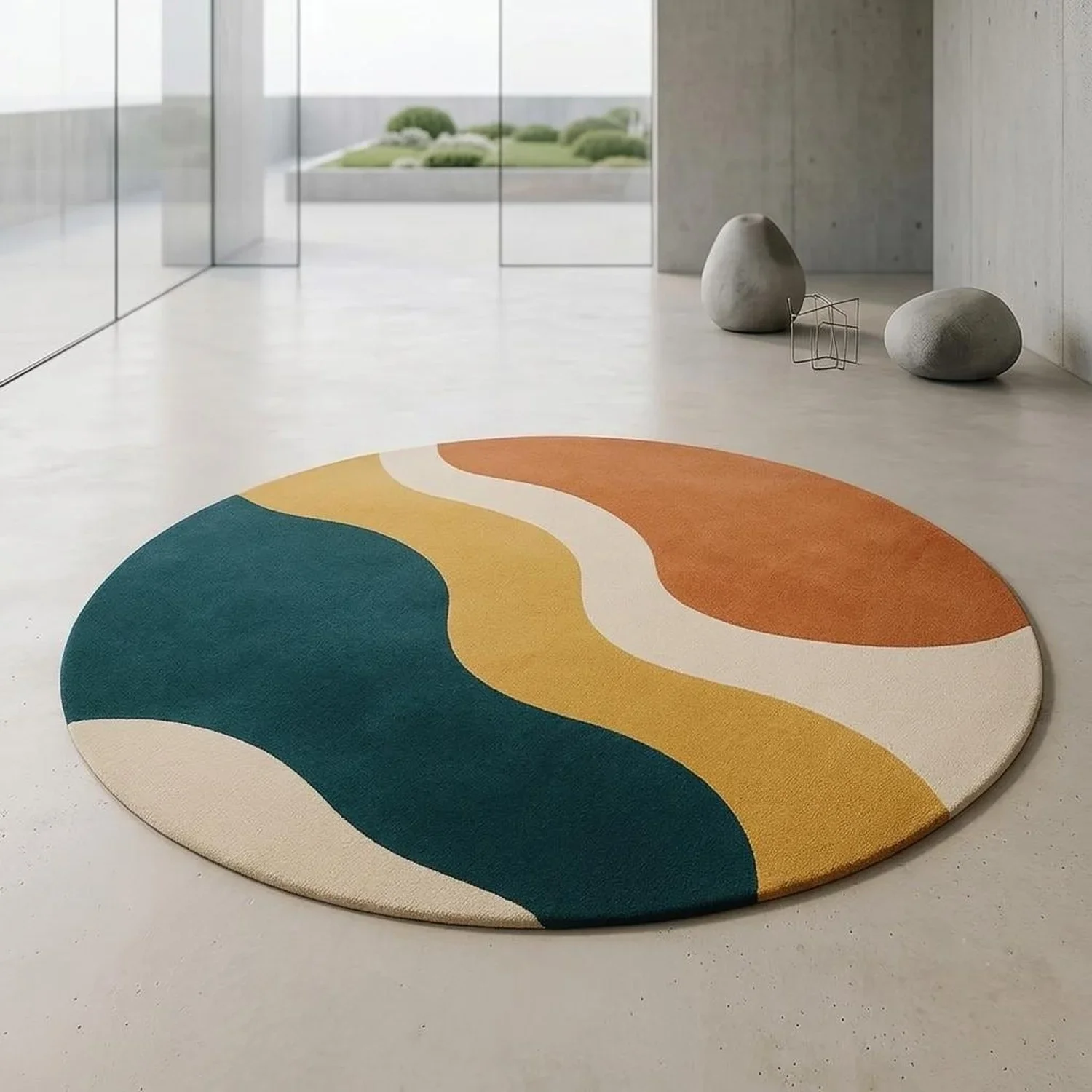 Round Handmade Tufted Wool Carpet with Abstract Wave Pattern, in Teal, Amber, and Terracotta Colors, Streamlined Circular Rug, C