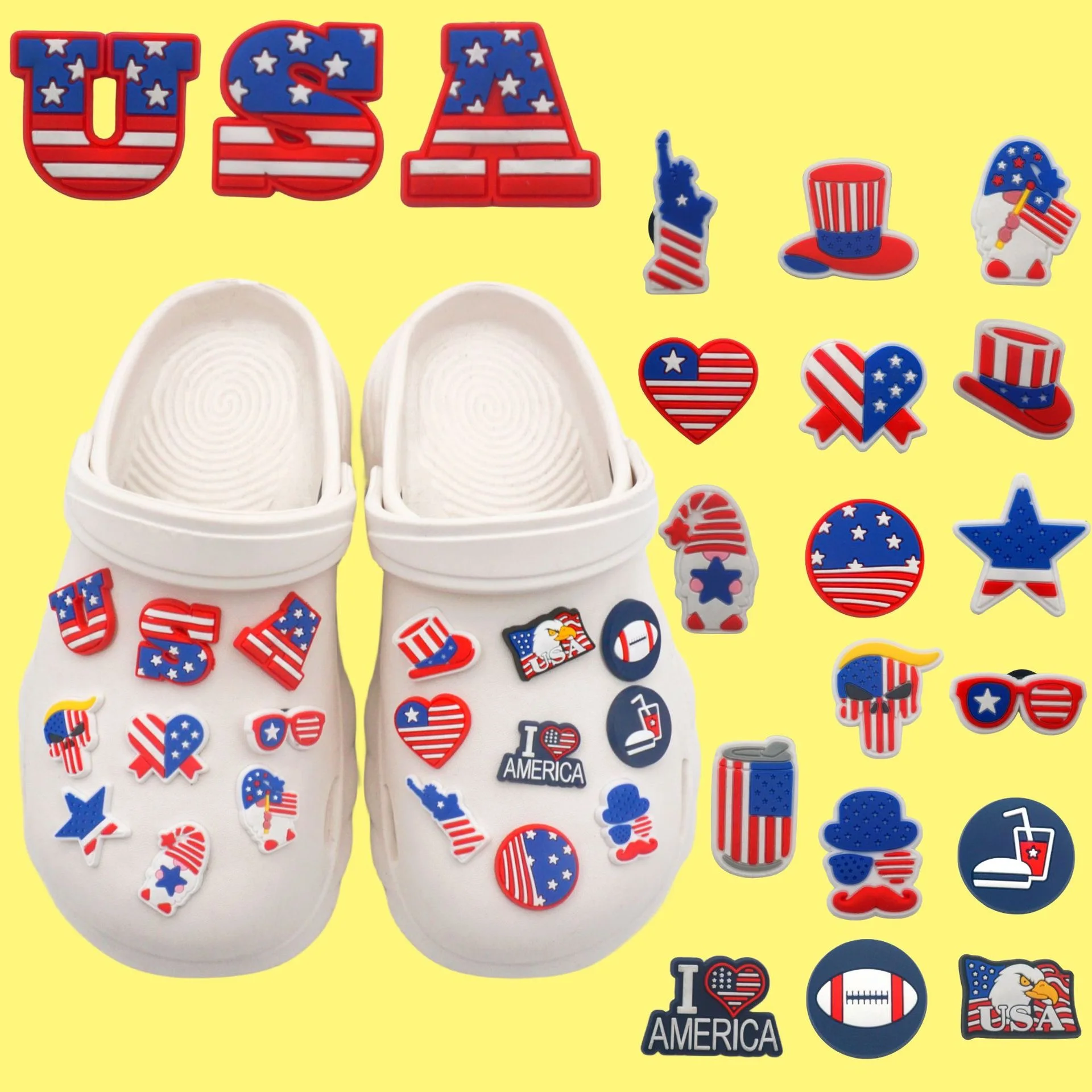 

20PCS American Flag Elements perforated shoe charm, cute shoe accessories, Statue of Liberty, USA Letters, women's and men's