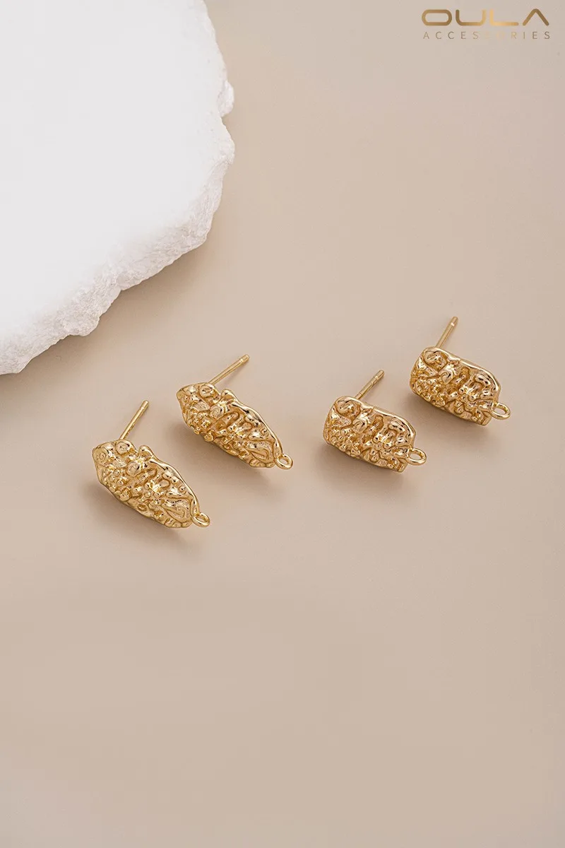 14K Gold-plated Irregular Rectangular Elliptical Carved with Hanging Stud Earrings 925 Silver Needle Diy Earrings  Accessories