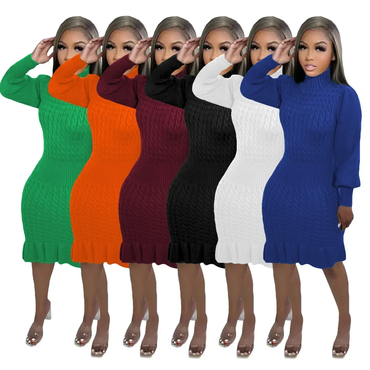 New European and American Women's Solid Color High-neck Ruffled Hand-knitted Dress
