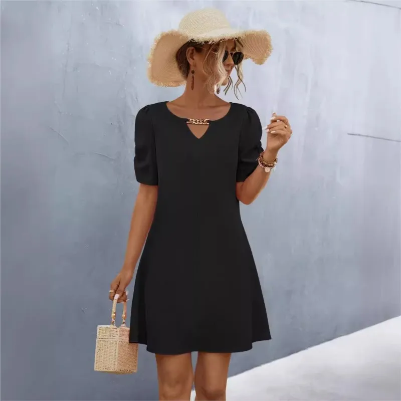 Summer New Women\'s Clothing Chain Splicing Hollow V-neck Short Sleeved Dress 2024 Female Rose Red A-Line Dress Black Solid Robe