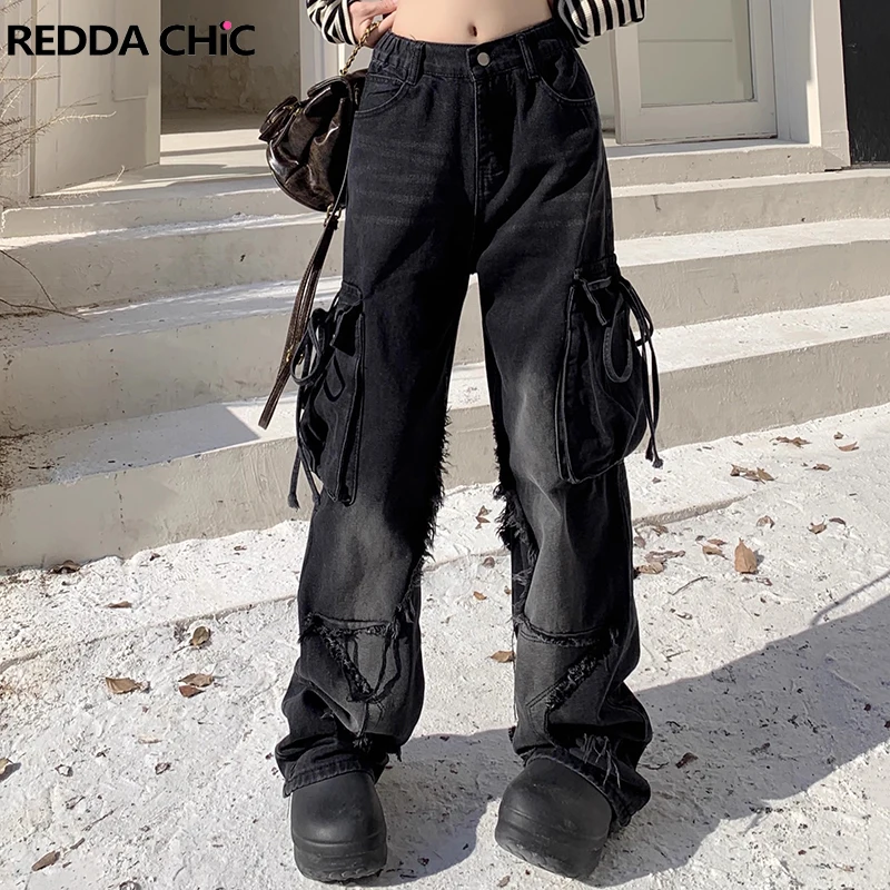 

REDDACHiC Y2k Retro Black Star Frayed Cargo Jeans Women Hiphop Pockets Patchwork Whiskers Elastic Waist Casual Pants Work Wear