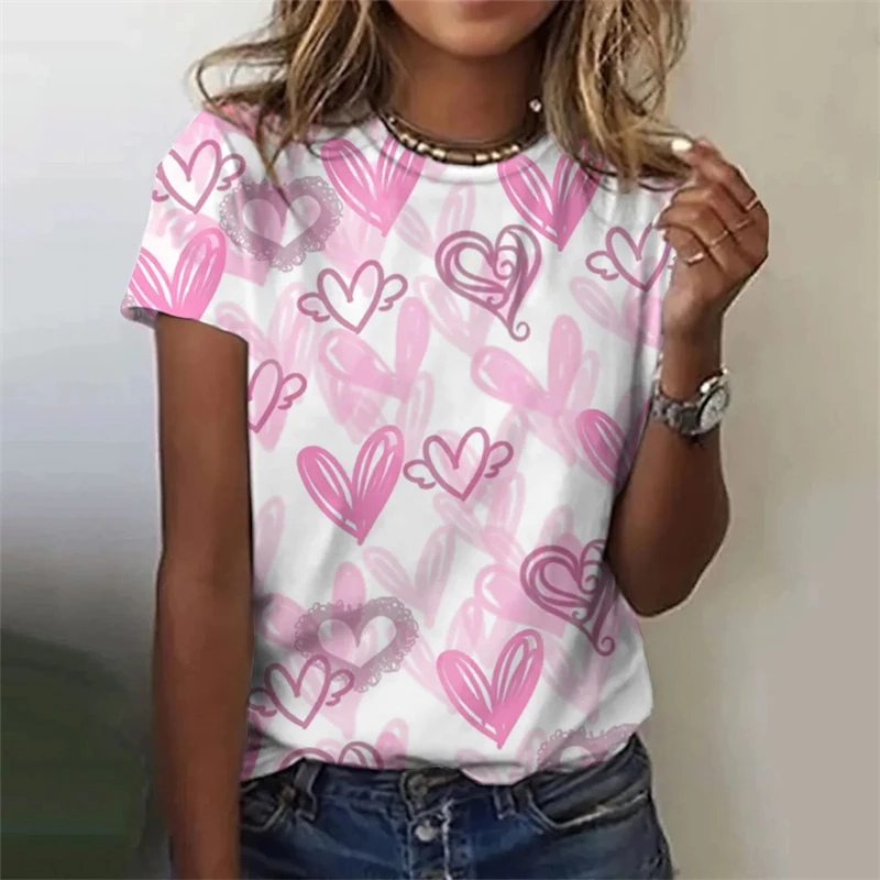 Custom Fashion T Shirt For Women Love Heart Printing Beautiful Tee Short Sleeve Ladies Clothes Leisure Street Female T-shirt Top