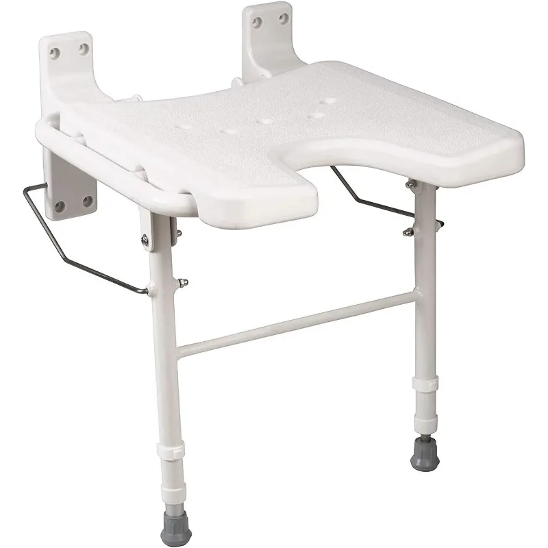 Wall Mount Fold Away Bath Chair Shower Seat Bench with Adjustable Legs, FSA and HSA Eligible, Seat 16 X 16 Inches, White