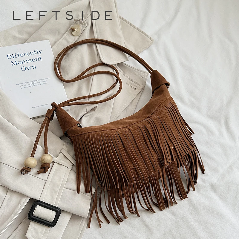 

LEFTSIDE Design Small Faux Suede Shoulder Bags for Women 2025 Tassels Crossbody Bag Females Retro ​Luxury Handbags and Purses