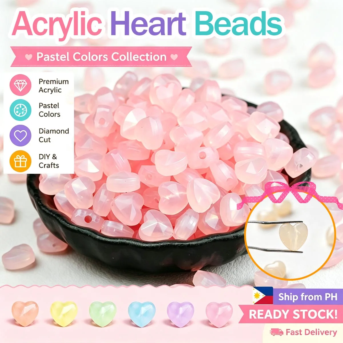 8x8mm 100-300Pcs Light Pink Jelly Colors Heart Shaped Acrylic Loose Beads for Jewelry Making DIY Bracelets Necklace Accessories