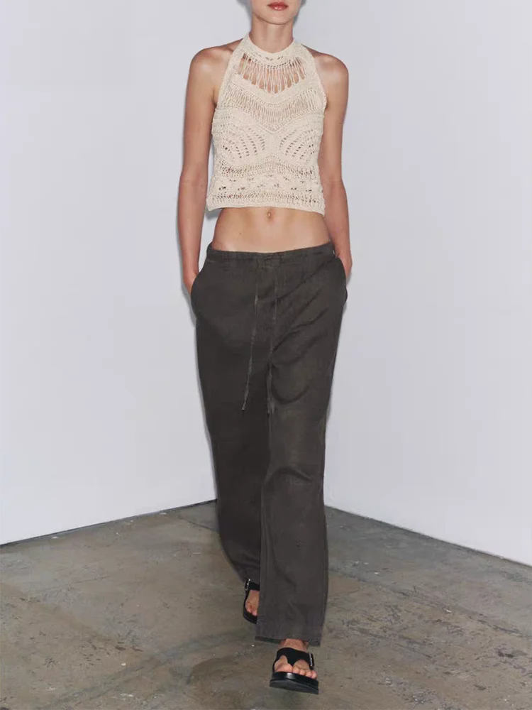 

New Summer Women's Knitted Casual Ne Hanging Hollow out Top Versatile ort Length Commute Sle Pure Color Faion