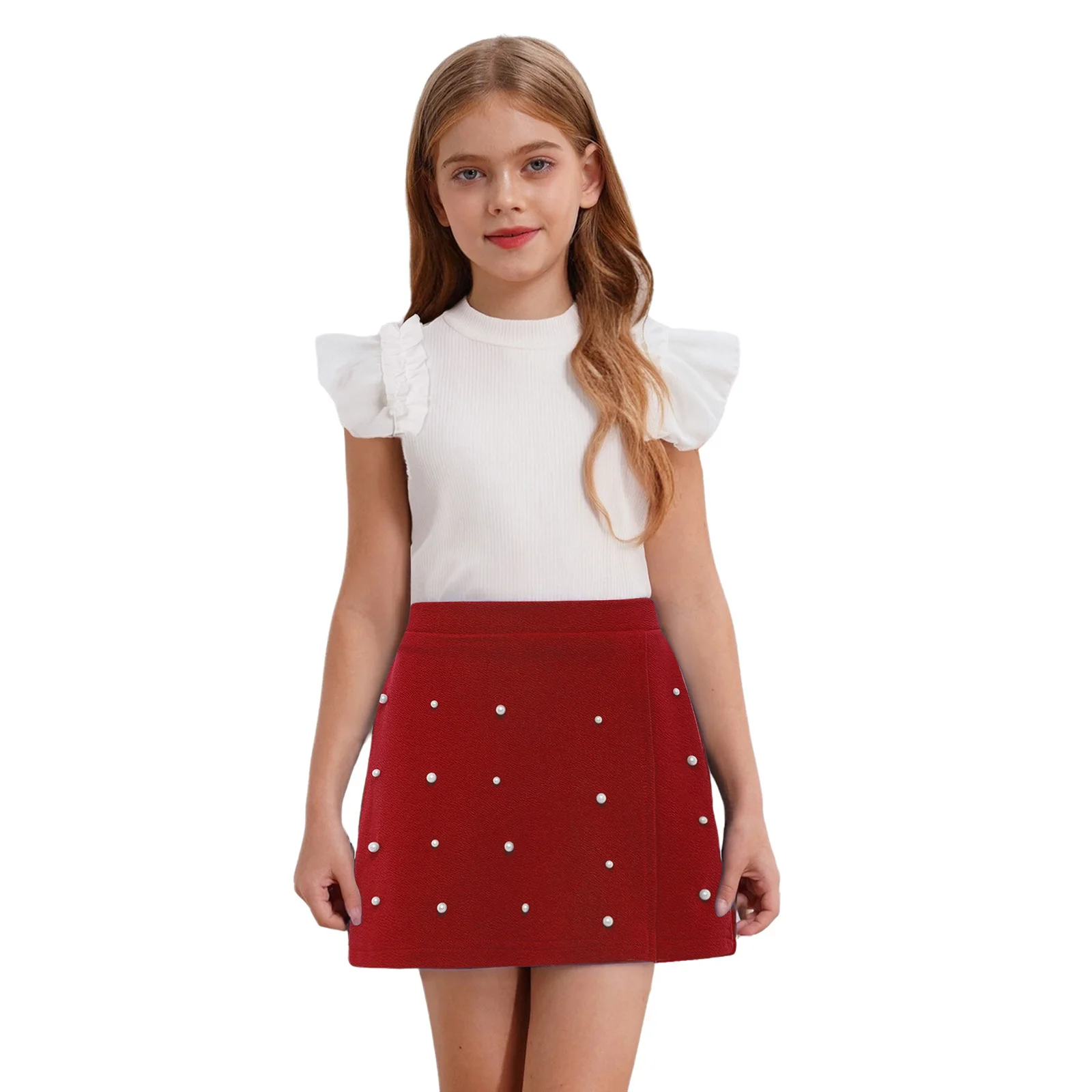 

Kids Girls 2-Piece Casual Outfit Round Neck Cute Ruffle Sleeves Ribbed Top+Artificial Pearls Culotte for Birthday Party Picnic