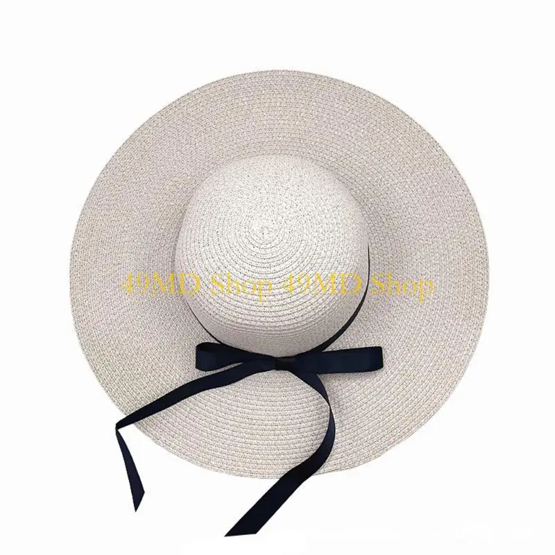 49MD Elegant Floppy Straw Hat Woman Foldable Wide Side Casual Female Hat Sunshades Top Cap with Bowknot Travel Sun Cap