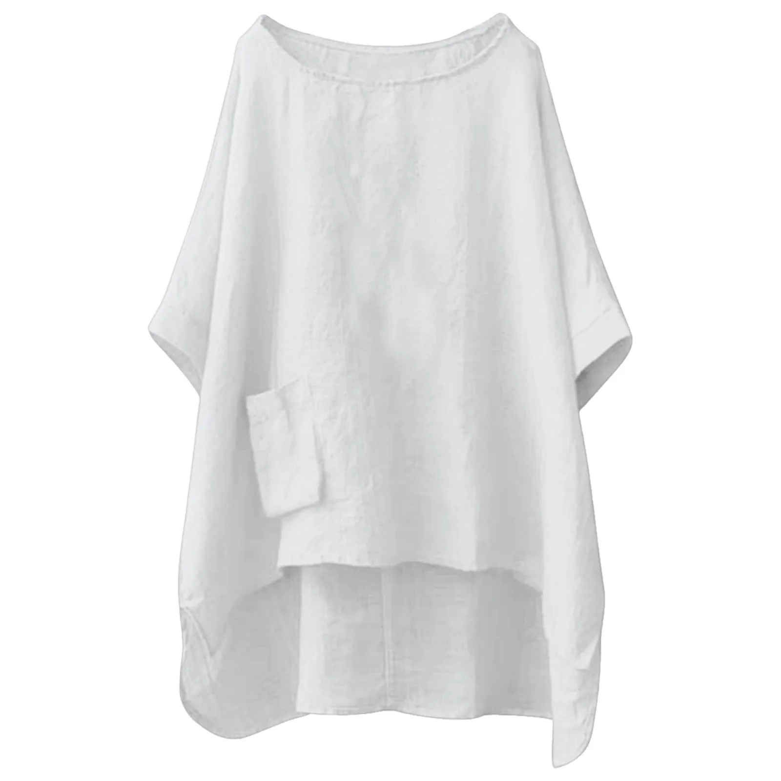 الصيف عادية القطن قميص كتان الصلبة كبيرة مستديرة الرقبة نصف كم التصحيح جيب عالية منخفضة هيم بلوزة للنساء kamas e blusas