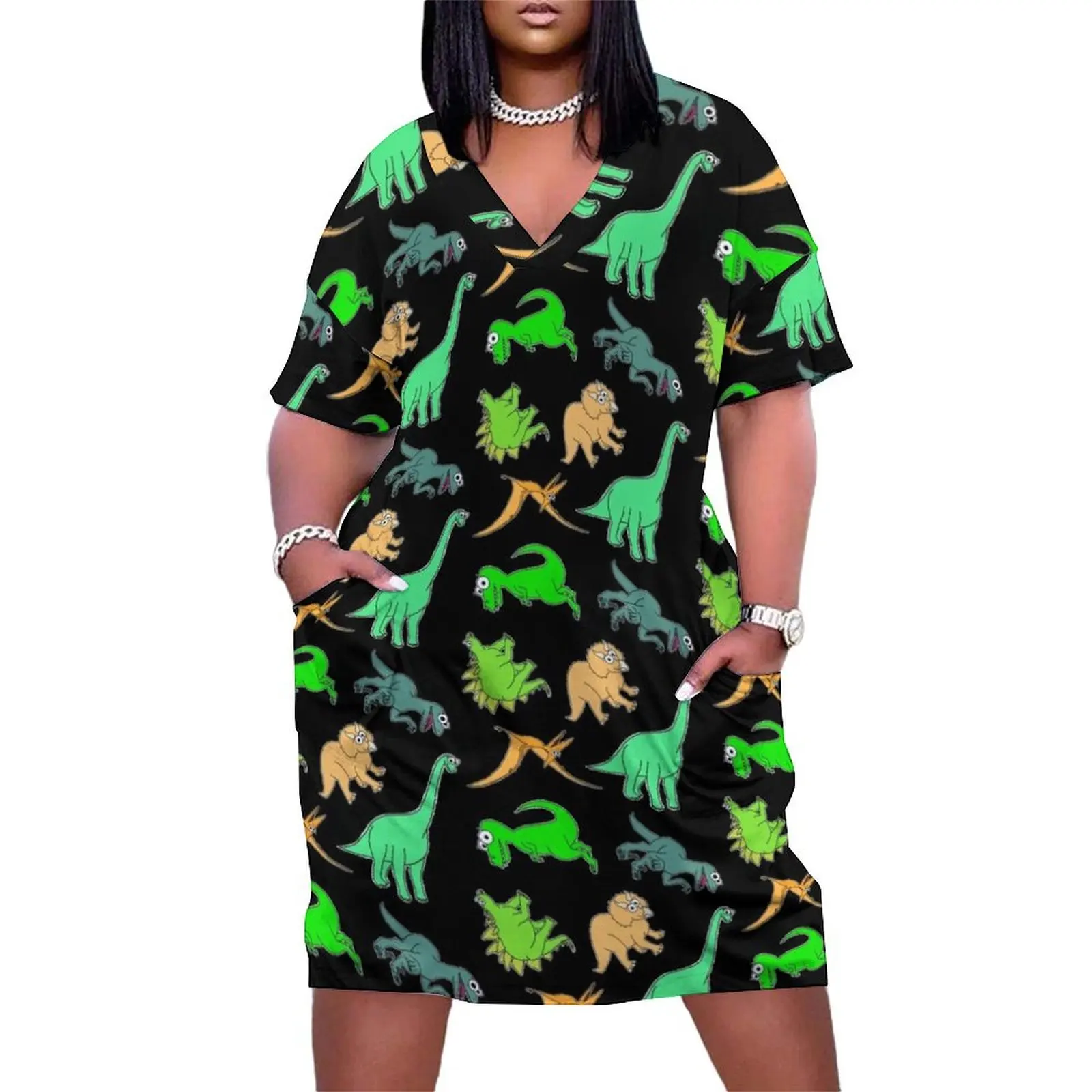 

Cute Dinosaurs - on black Loose Pocket Dress summer dresses for women 2025 Bridesmaid dress woman