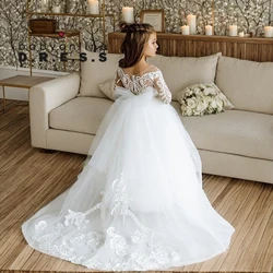 BABYONLINE Holy White CVommunion Dress Long Sleeve Lace and Floral on Bodice Top Sequins Tulle-Skirt Flowy A-line Gormal Gown