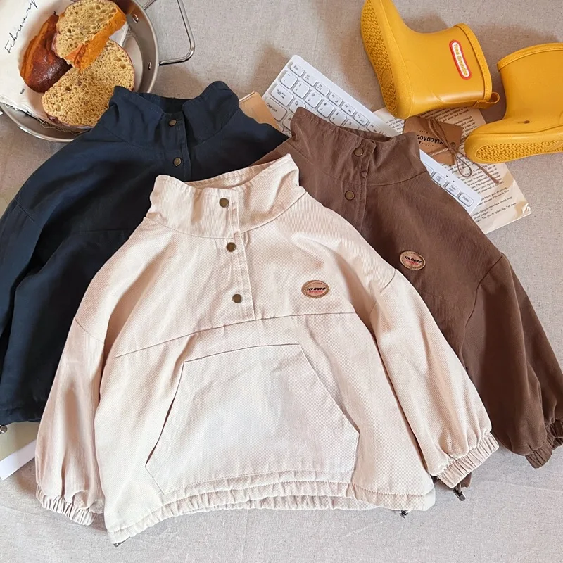 

Children fall/winter 2023 new children's fleece and wool collar hidden-interlocking draw string sets jacket, coat