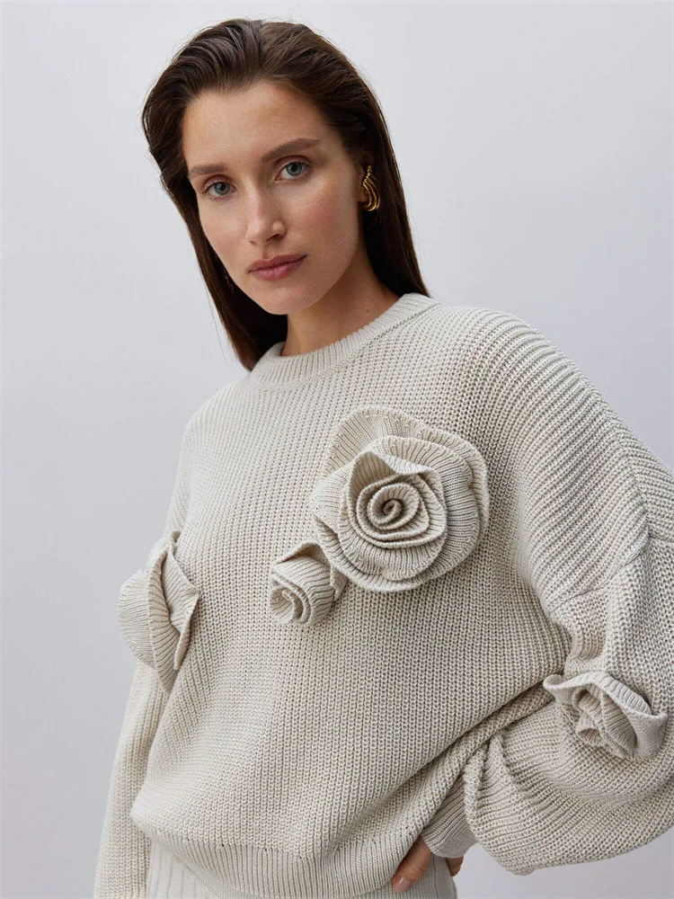 Fashion 3d Rose Round Neck Knitted Pullover Women Casual Long Sleeves Loose Sweater 2024 New Chic Female Commuting Streetwear ﻿