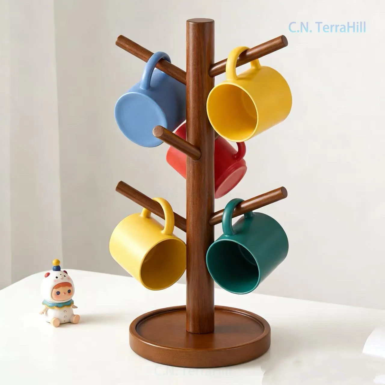 Wooden Mug Holder Wall Mounted Cup Rack with Hooks for Coffee Tea Cups Inverted Drainage Storage Organizer