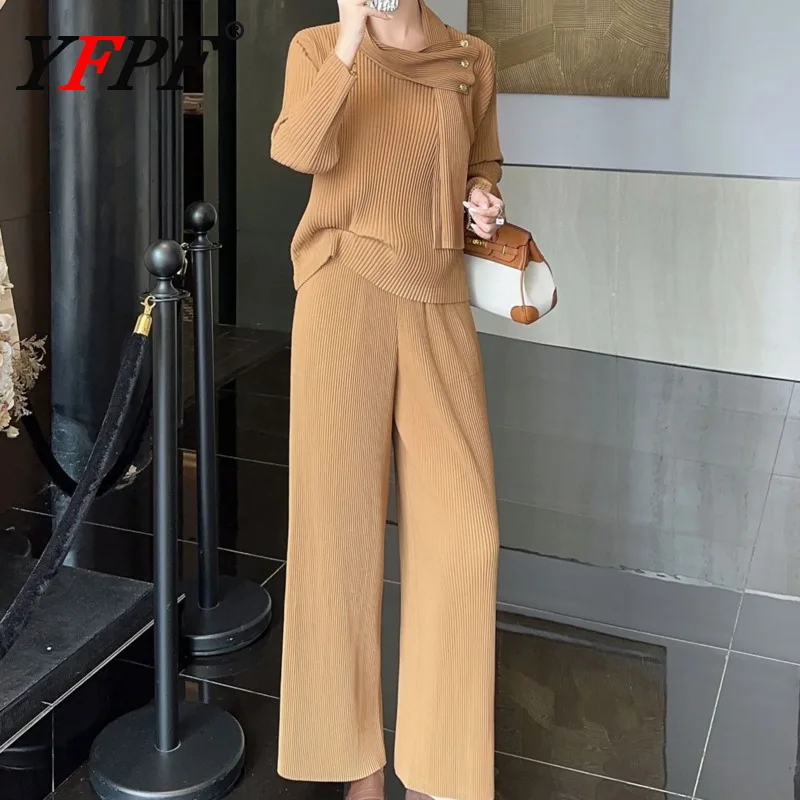 

YFPF 2025 Осенний новый женский комплект, модная однотонная блузка с шарфом и воротником, топы + широкие длинные брюки, офисная женская одежда