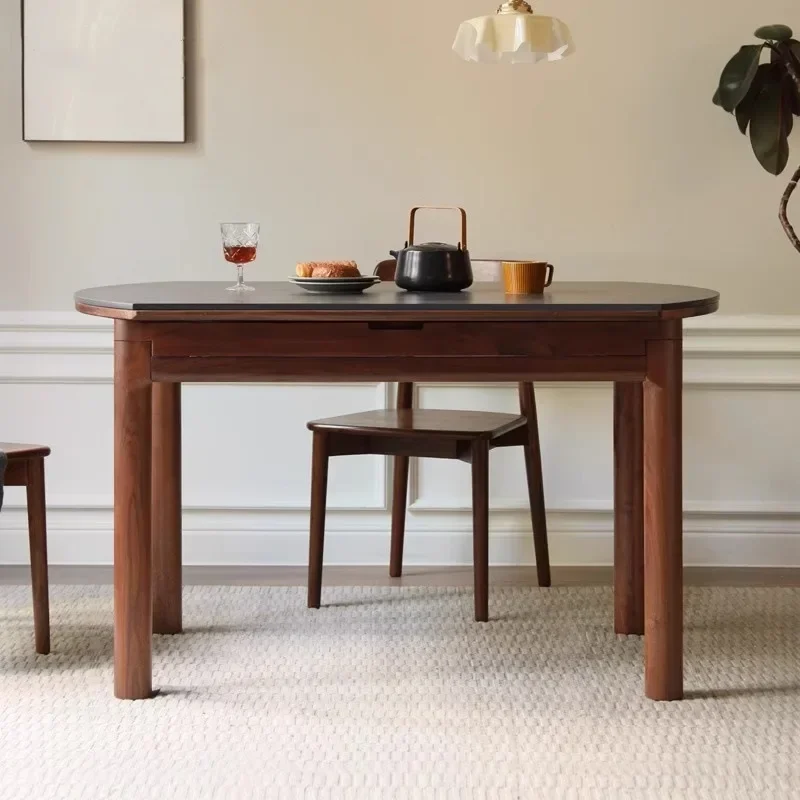 

Folding dining table dining table household black walnut all solid wood simple retractable round table