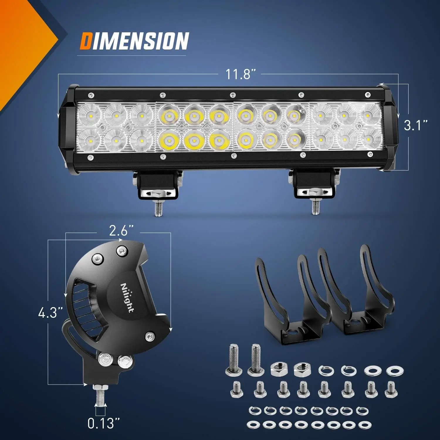 Nilight 72W LED Light Bars Spot Flood Combo Off-Road Light Mounting Bracket Horizontal Bar Tube Clamp With Off Road Wiring Harness,12 Inch