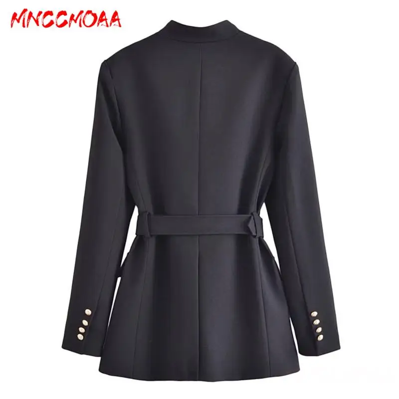 MNCCMOAA 2024 Autumn Women Fashion Single-Breasted Stand Neck Blazers Coat Female Solid Color Casual Belt Outwear Tops Outerwear