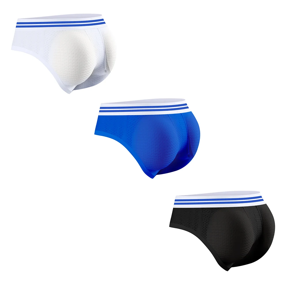 Men’s Padded Underwear Briefs Breathable Mesh Boxer Brief Body Shapewear Butt Lift Enhancer with Hip Removable Pad 3 Colors