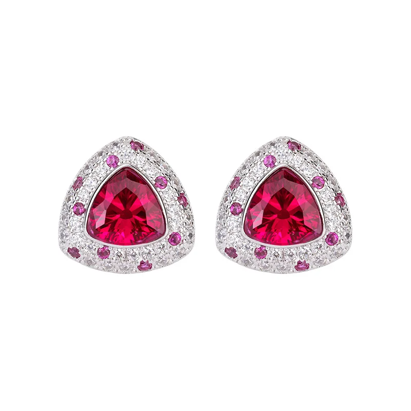 Jewelry S925 Silver Individually Wrapped Fat Triangle Stud Earrings Pigeon Blood Ruby Daily Style Women's Stud Earrings