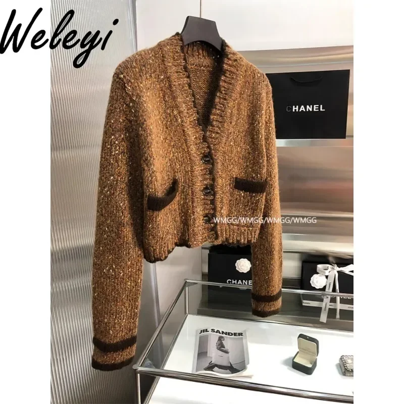 Retro Coffee Color Sweater Overoat for Women 2024 New Loose Women's Autumn V-neck Long Sleeve Wool Knitted Cardigan Coat Female