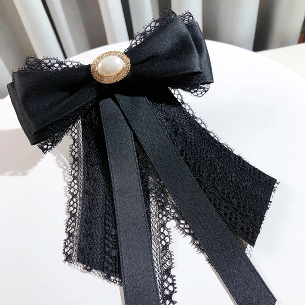 

1pc Lockable Bow Tie Brooch for Women Pre-Tied Ribbon Brooch Pearl Neck Tie Elegant Accessories Banquet Wedding Gift
