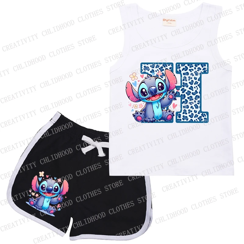 Stitch Kids Suit Disney Letter A BCD  Children New Sports Vest & Shorts Casual Clothes Sleeveless Girl Boy 2Pcs Sets Summer Wear