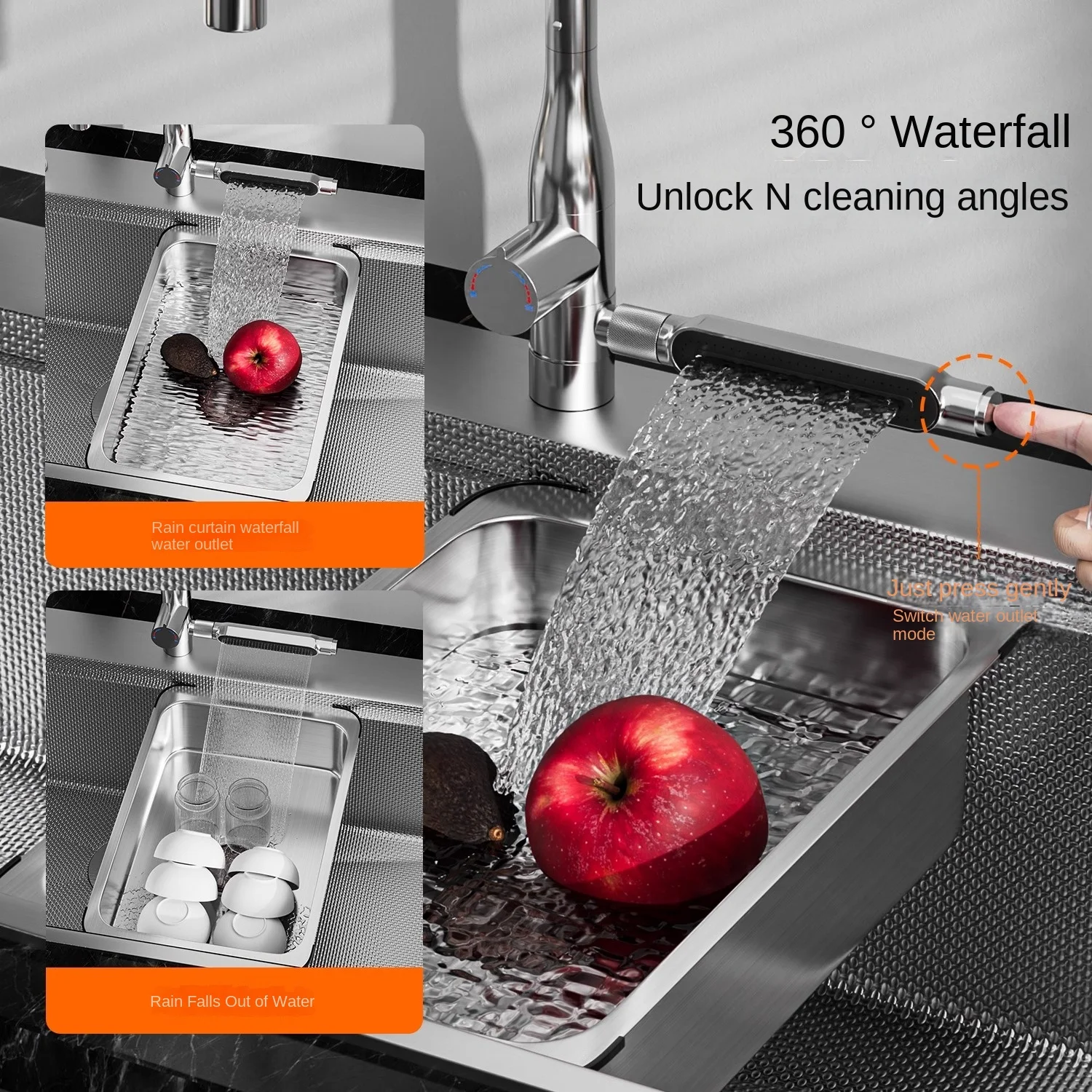 Digital Display Fly Rain Waterfall Large Single Sink 304 Stainless Steel Multifunctional Household Hand Embossed Washbasin