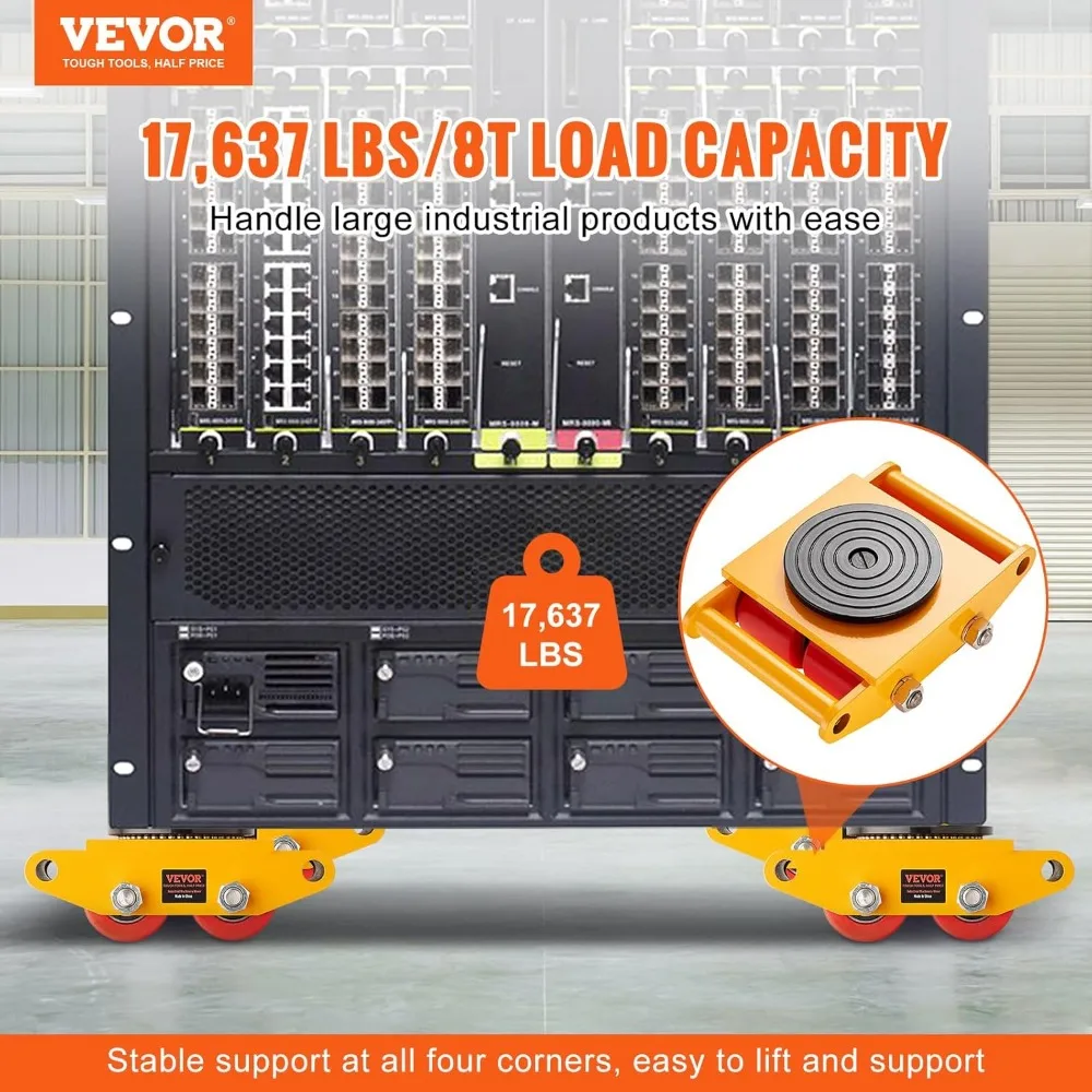 4-Piece Heavy-Duty Equipment Moving Skates with 17,637 lb Capacity, featuring 4 Swiveling PU Wheels and Non-Slip Surface