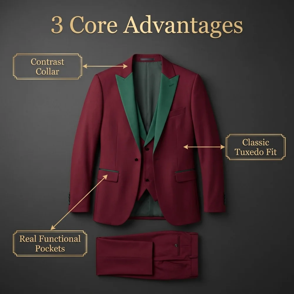 Lapel Neck Men's Suits 3 Pieces Slim Fit Business Patchwork Men's Suits For Wedding Banquet (Blazer+Vest+Pants)