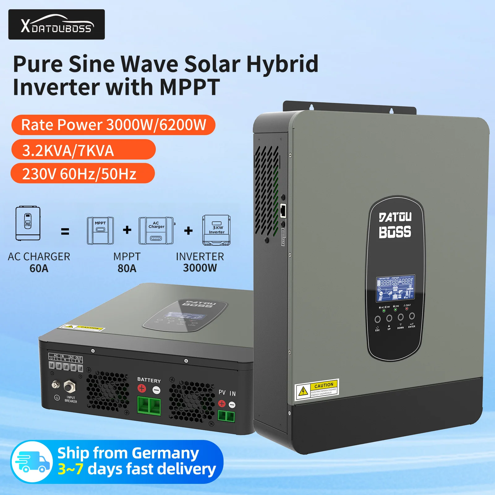 DATOU BOSS MPPT Pure Sine Wave Inverter 24v/48V Solar Hybrid Inverter auto 12v 220v 3000W 6200W LCD Display Universal Type