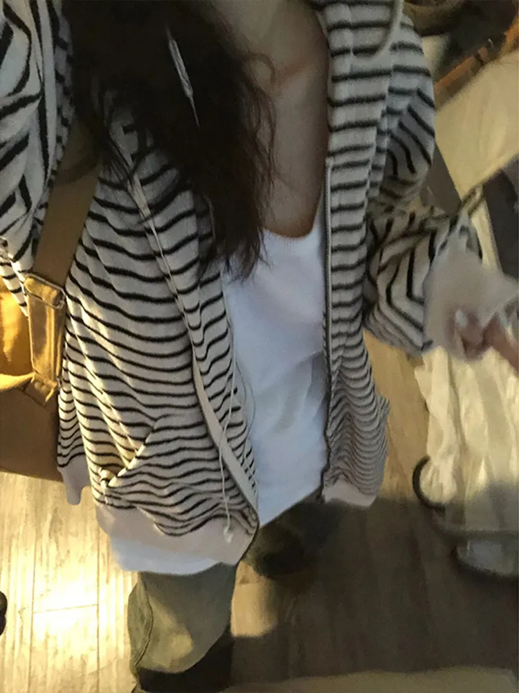 

Женский свободный кардиган-худи в полоску, весна 2026, новый стиль, повседневная верхняя одежда в корейском стиле, с длинными рукавами, на молнии