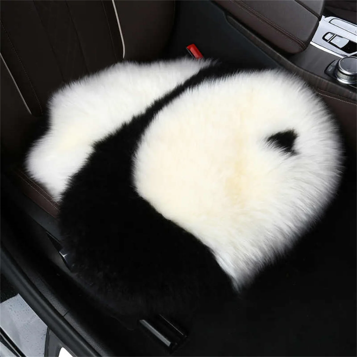 

Чехлы на автомобильные сиденья из чистой шерсти с рисунком панды, комплект из 3 предметов, натуральная овчина, длинные волосы, квадратная подушка, зимняя теплая для седана, внедорожника