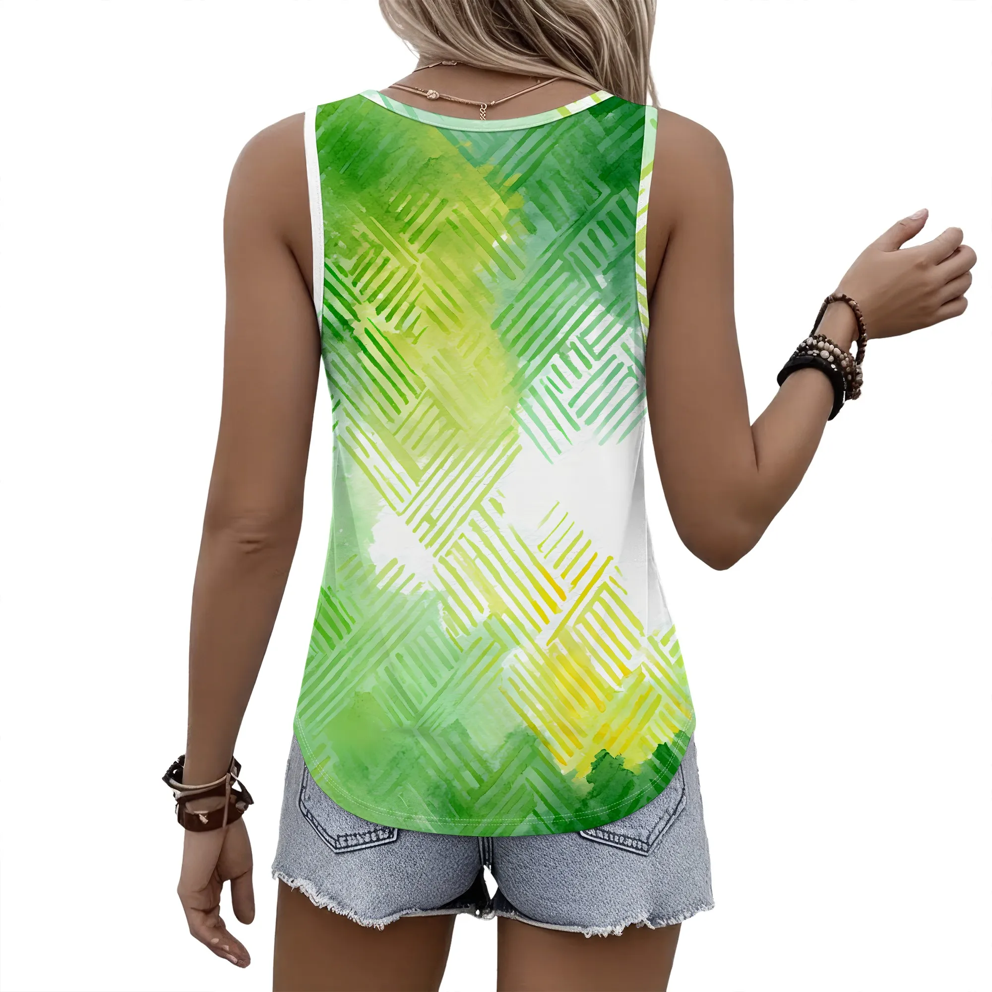 Green Geometric Print Tank Top, Abstract Grid Pattern Sleeveless Shirt, Casual Summer Blouse for Women, S-2XL