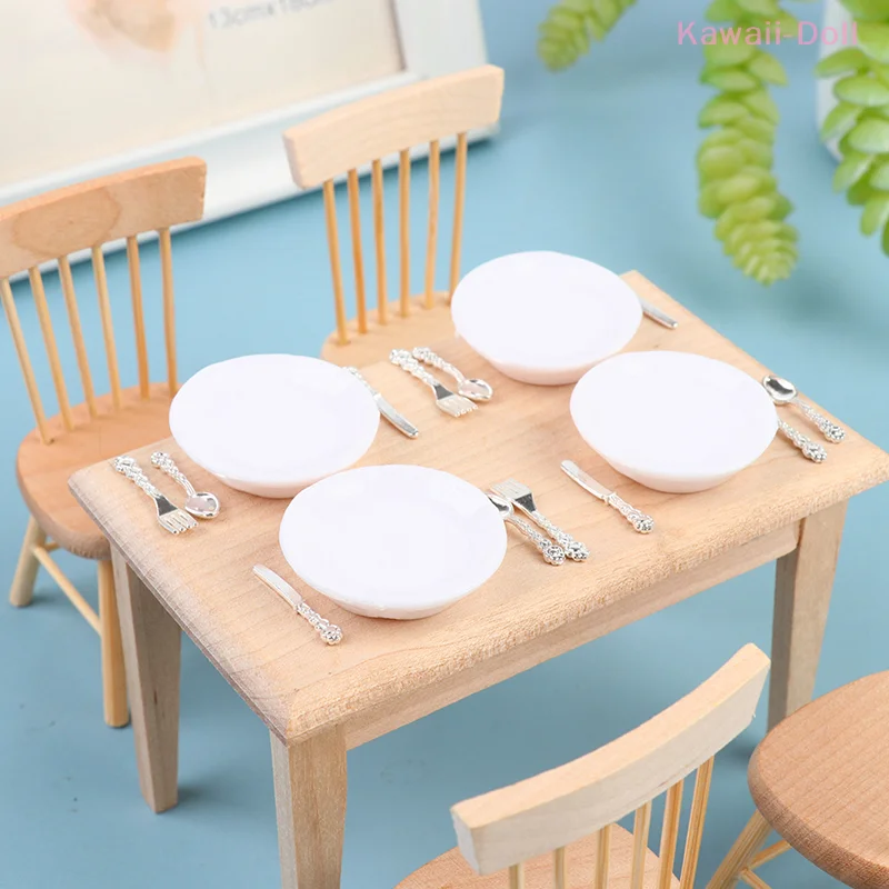 4Sets 1:12 Dollhouse Miniature Plate Knife Fork Spoon Set Doll Kitchen Tableware Decor