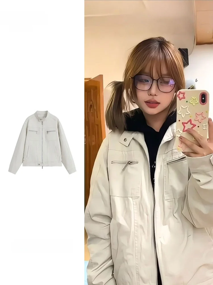 Loose Fit American Retro Baseball Jacket Women's Autumn New Style Flight Jacket Workwear Top Zipper Closure Long Sleeve
